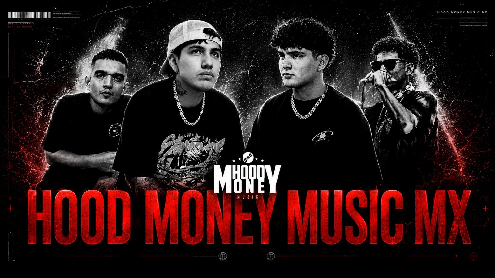 Hood Money Music MX. El crew del sello sobre fondo negro, con el nombre en rojo.